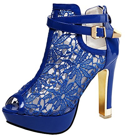 getmorebeauty Women's Pretty Lace Flowers Open Toes High Heels Ankle Boots (US7.5, Blue)