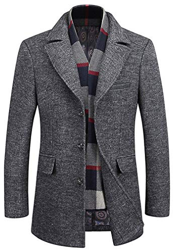 WULFUL Men’s Wool Blend Winter Coat Slim Fit Short Trenchcoat Warm Business Jacket with Detachable Soft Wool Scarf