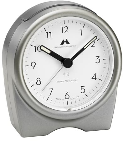 Uhren Manufaktur Schwarzwald Réveil radio-piloté, analogique, silencieux, avec fonction snooze (snooze) et alarme croissante (Crescendo), couleur : métallisé/titane