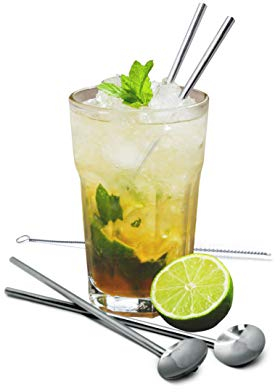 Vin Bouquet FIK 639 Set de pinceaux et 4 pailles cuillères réutilisables Idéal pour cocktails, smoothies, jus, acier inoxydable 18/8, 2