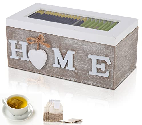Organizador de Madera para Bolsas de Té Con Ventana Visual - Caja de Almacenamiento de 2 Compartimentos para el Hogar - Decoración de Escritorio