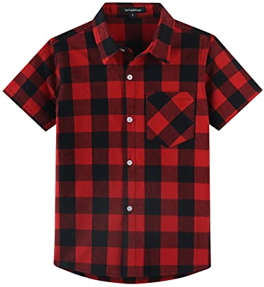 Spring&Gege Camisas de Algodón a Cuadros de Manga Corta con Botones a Cuadros para Niños, Negro Rojo, 9-10 años