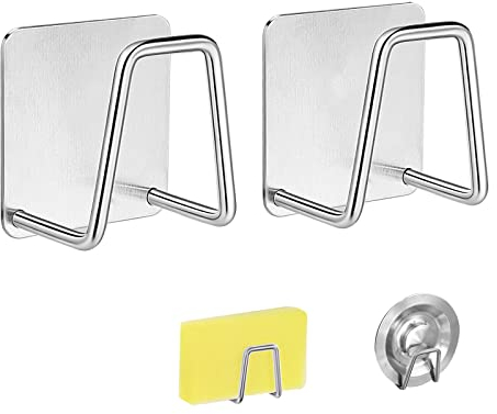 FuninCrea Soporte para Esponja, 2 Piezas Duradero Porta Esponja Universal Autoadhesivo Accesorios de Cocina para Almacenamiento y Drenaje del Hogar (Plata)