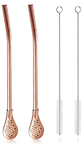 Fatiya Lot de 2 cuillères filtrantes amovibles en acier inoxydable avec 2 brosses de nettoyage, paille Yerba Mate Bombilla réutilisable en métal pour boire du thé en vrac, du café glacé, or rose