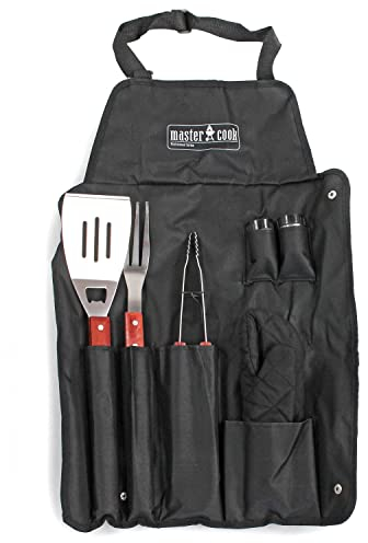 MasterCook – Kit de Accesorios Profesionales de Acero para Barbacoa con Delantal, Juego de Accesorios BBQ con Pinza, Horquilla, espátula y Guante, Accesorios para Barbacoa