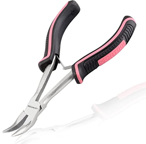 LEONTOOL Long Reach Bent Nose Pliers with Serrated Jaw 6 Inches Mini Bent Long Nose Pliers Bent Chain-Nose Pliers Curved Long Nose Plier For Jewelry Making Working In Tight Spaces Pink Tool for Women