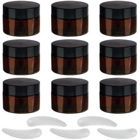 9 styck brunt glas salveburkar, 30 ml krämdosor för fyllning, krämbehållare, liten burk med lock, resprovbehållare, brun glas tom burk av kosmetika, lotioner, krämer