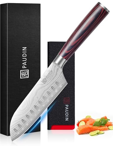 PAUDIN Santoku Knife, Kitchen Knife 5 inch, Chef Knife with High Carbon Stainless Steel, Pakkawood Handle with Gift Box for Family & Restaurant