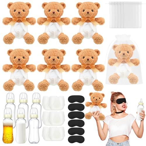 Yearntown 6 Set Bottle Chug Bear Baby Shower Games Brown Blindfolded Diaper Changing Games Kits Bottles Diapers Blindfold Eye Masks Bear Baby Shower Party Guest Gifts
