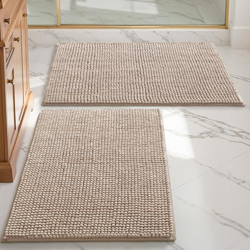 DEXI Badezimmerteppich Set 60 x 90 cm, 2er Pack Badvorleger rutschfest waschbar, Badematte Chenille Saugfähig, weicher Badematten & Badteppiche für Dusche, Badezimmer, Waschküche, Beige