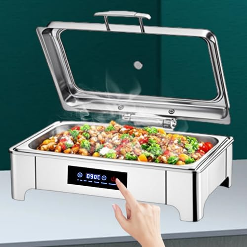Aocay Chafing Dish Elettrico, 9L Scaldavivande Elettrico per Buffet in Acciaio Inox, Professionale ontenitore Scalda Cibo Temperatura Regolabile per Buffet, Ristoranti, Hotel(B,Full Pan)