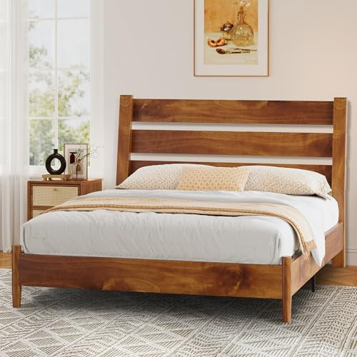 LUXOAK Cama de madera maciza de 140 x 200 cm con cabecero inclinado, diseño Mid-Century, listones de madera estables, no requiere somier, sin ruido, color marrón amarillento