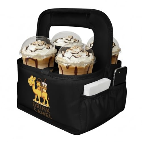 Reusable Drink Carrier with Handle – Durable No-Spill Insulated & Collapsible Beverage Bag with Pockets, Portable Caddy for On-the-Go Delivery, Travel & Car Use (4 Cup Carrier, Black)