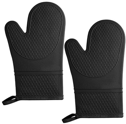 2PCS Black Silicone Oven Mitts - Heat Resistant Anti-Slip Gloves for Cooking Baking BBQ Dessert Making