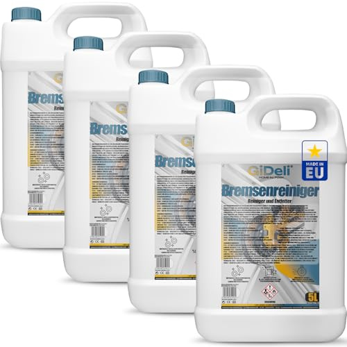 GiDeli Detergente per freni, 4 taniche da 5 l, per auto, moto e bicicletta, rimuove olio, grasso, polvere dei freni, residui di colla, sgrassante da officina, asciugatura rapida, senza lasciare