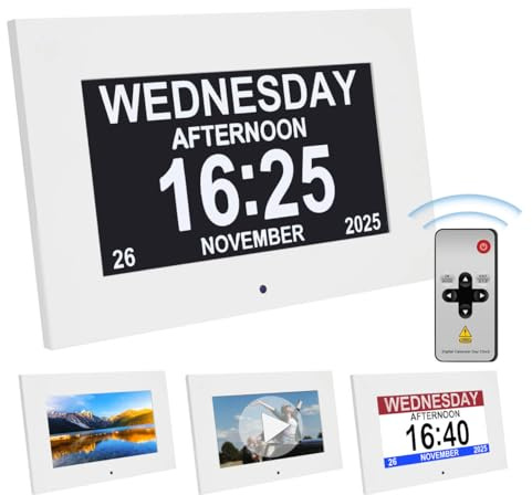 Dementia clock 7-inch Large Digital clock with date and day, Digital calendar Silent alarm clocks for bedrooms ,Video and Photo Album Player,elderly 12 alarm clocks & 20 reminders for medication,sleep
