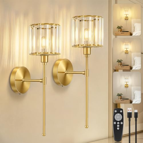 Kimjo Crystal Rechargeable Wall Lights Indoor, Gold Wall Lamps & Sconces | 4000mAh Battery Operated Wall Lights Set of 2, USB-C Picture Lights for Wall, Wireless Wall Lights for Living Room Bedroom