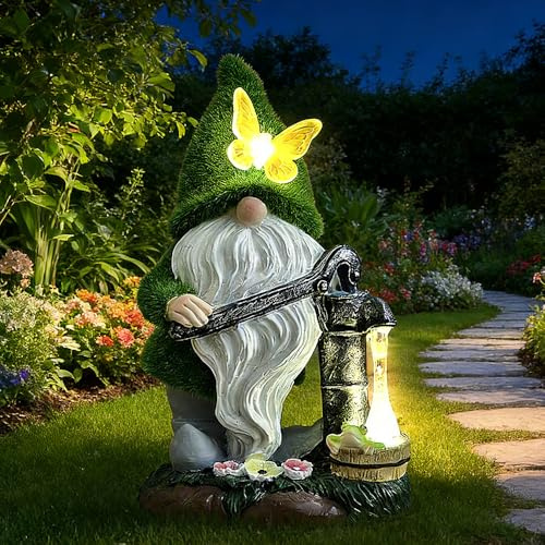 SKIKHN Gnomo de Jardín con Luz Solar, 20CM Enanos de Jardín para Exteriores, Impermeable Figuras Decorativas de Jardín Enano, para Césped, Patio, Camino, Decoración para Patio al Aire Libre, Patio