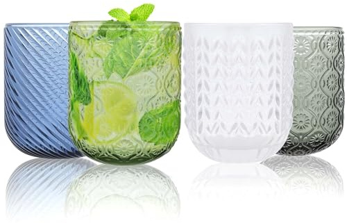 AOOTE Bicchiere Acqua Vetro Colorati, Set di 6 Pezzi Bicchieri da Acqua Vintage in Vetro Colorato, con Righe in Rilievo, per Succhi, Birra, Cocktail, Limonata, Ideali per Picnic, Campeggio, Spiaggia