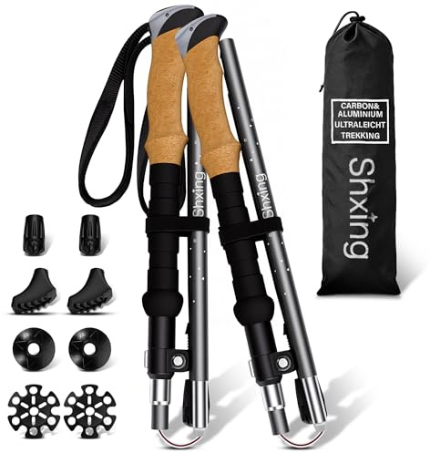 Shxing Vikbara vandringspinnar set om 2, endast 35 cm vikmått, lätt och stabil, 110–135 cm justerbar, kol 3K och 7050 aluminium, korkhandtag med Eva-förlängning, inkl. väska och tillbehör, för