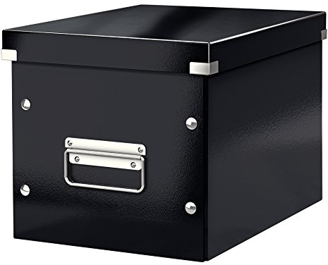 Leitz Click & Store Aufbewahrungsbox mit Deckel Mittel-Groß, Würfelbox für Regale im Wohnzimmer oder Büro, Transportbox aus 80 % recycelter Premium-Hartpappe, Stabile Metallgriffe, Schwarz, 61090095