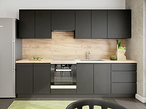 Möbel für Dich Grifflose Einbauküche Campari 280 cm, 8-TLG Schwarz, Weiß, Grau - Hochglanz oder Matt (Schwarz Matt)