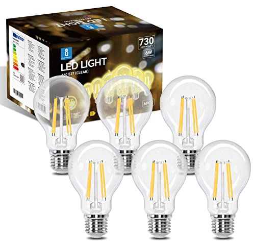 Aigostar - Bombilla LED E27 Edison, 6W Equivalente a 55W, Blanco Cálido 2700K, 730 Lúmenes, Bombilla LED Vintage Decorativa A60 de Filamento, No Regulable, Cristal Transparente, Pack 6
