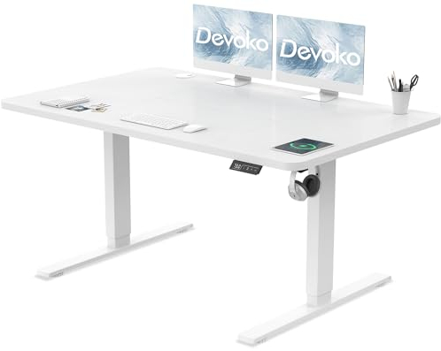 Devoko Electric Standing Desk 120x60cm Sit Stand Table Height Adjustable with Backpack Hook and Memory Smart Pannel, Home Office, White