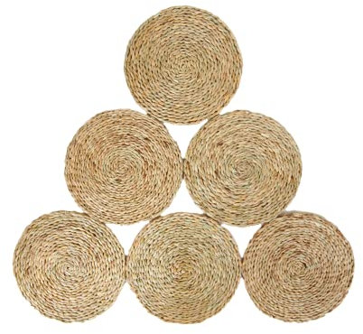 Handmade 6PCS Reed Round Table Mats Set, 8inch Woven Placement Rush Eco-Friendly Dining Table Mats Pack, Water Hyacinth Quality Woven Wicker Table Place Mats