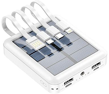 Banque d'énergie solaire légère 20 000 mAh, chargeur solaire haute capacité avec 4 entrées et 2 sorties USB, indicateur LED étanche pour iPhone, tablettes, chargeur solaire d'extérieur (blanc)