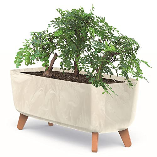 botle Pot de fleurs sur les pieds - 58 cm de large - En plastique crémeux - Avec insert en béton - Aspect béton - Pour arbre d'argent - Cactus - Arbre en caoutchouc
