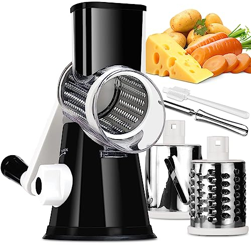 Rotary Cheese Grater Vegetable Shredder with Handle Round Kitchen Mandoline Slicer Grater for Nuts, Vegetable, Chocolate, Chesse - Black - 3 Replaceabe Stainless Steel Blades