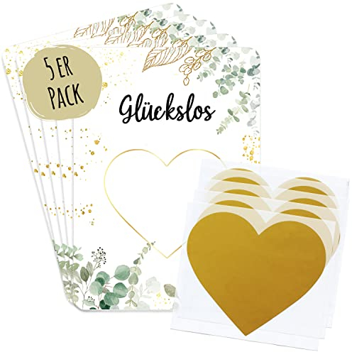 JEKA 5 Rubbellose selbst machen, Rubbelkarte zum selbst beschriften – Glückslos selbst machen mit Rubbelherz Gold, Geschenk Gutschein, Gutschein Karte