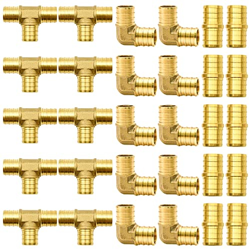 30pcs 3/4 PEX Fittings, Elbow TEE Straight Couplings Set, PEX Brass Crimp Fitting Combo with Tees, Elbows, Straights