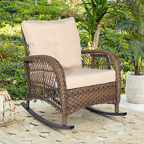 W WARMHOL Outdoor Wicker Rocking Chair with Thickened Cushions, All-Weather Rattan Patio Rocking Chairs, Rocker Wicker Chair for Backyard & Porch Garden, Beige