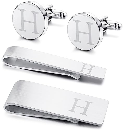 Kakonia 4 Pezzi Gemelli iniziali e fermacravatte per Uomo Acciaio Inox Personalizzato inciso Gemelli e fermacravatte Set Alfabeto Lettera A-W con Scatola Regalo per Padre Marito