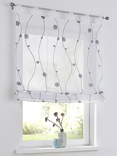 Nelly Tenda a pacchetto con passanti, colore bianco, semitrasparente, con ricamo, grigio moderno, poliestere, facile da pulire, larghezza x altezza: 80 x 140 cm