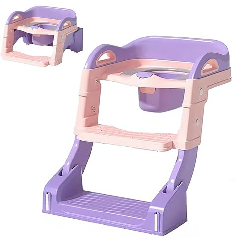 Children Junior Training Potty Toilet Toddler Baby Kids Trainer Chamber Seat Plastic Chair with Cut Out Slot for Easy Carrying, Easy Empty & Clean (Purple - Toilet Seat with Ladder)