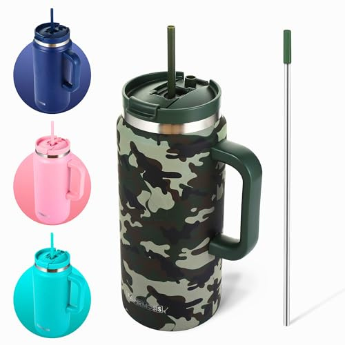 FAHRMOSIS 64 Oz Tumbler with Handle and Straw Half Gallon Water Bottle Stainless Steel Travel Mug for Hot & Cold Drinks, Reusable Water Bottle with Lids and Straw - Camo
