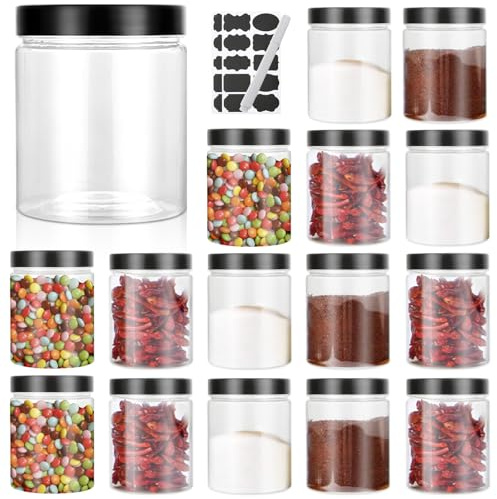 GBACHOOSE 16 tarros de almacenamiento con tapa, herméticos, 500 ml, tarros de plástico transparente con tapa, etiquetas, lápiz para nueces, especias, pasta, dulces