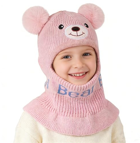 AYPOW Gorro Invierno Niño y Niña, 3 En 1 Gorro Bebé de Punto Pasamontañas niño Doble Pompón Lindos Sombrero de Forro Polar Bufanda con Capucha Lana Balaclava para Esquí Ciclismo al Aire Libre