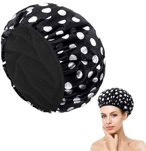 Duschhaube Damen,Dreilagige Satin Shower Cap,Wasserdichte mit Mikrofaser Innenfutter,Wiederverwendbare Extragroße Hair Bonnet,Duschhaube für Alle Haarlängen (Schwarze Punkte)