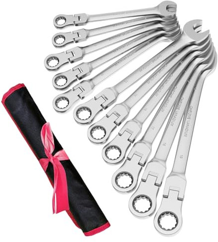 Anesty Gelenk Ratschenschlüssel Set 11tlg, 8-19 mm 72 Zähne Gabelschlüssel Ringmaulschlüssel Ring-Satz, CR-V Rutschfest Schraubenschlüssel Set mit Rolltasche für Heimwerker, Autoreparaturen