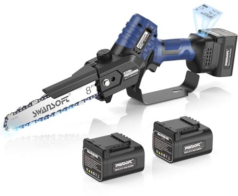 Mini motosega a batteria, 8 pollici 600 W/21 V/4000 mAh*2, motosega elettrica professionale con lubrificazione automatica, sega a batteria per potatura per tagliare la legna in frutteti e uliveti.