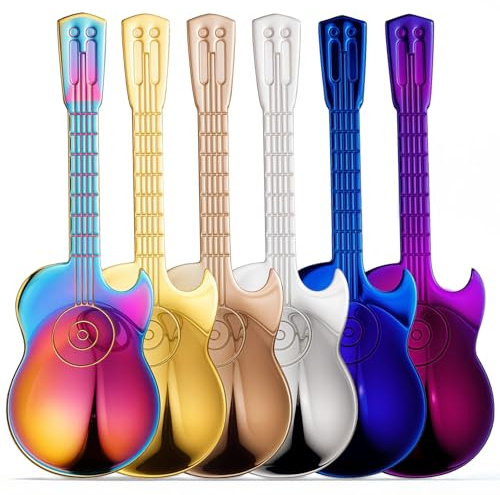 nuoshen Big Guitar Coffee Teaspoons, 6pcs Stainless Steel Musical Coffee Gifts for Man Cute Tea Spoons Set Tableware for Ice Cream/Dessert/Stirring/Sugar Spoon