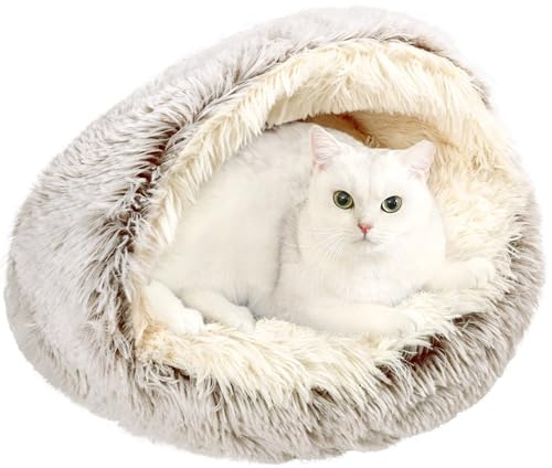 Arquiel Rund kattbädd tvättbar, lugnande fluffig kattgrotta, 61 cm, kaffe | Mjuk plysch halkfri liten hundbädd för valp och kattunge, anti-ångest, mysig uppvärmning tvättbart husdjursbo för inomhusbruk