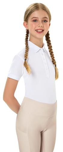 FitsT4 Sports Girls Equestrian Shirt Short Sleeve Horse Riding Polo Shirts Button UP Horseback Show Shirt Kids Summer Tops White Small