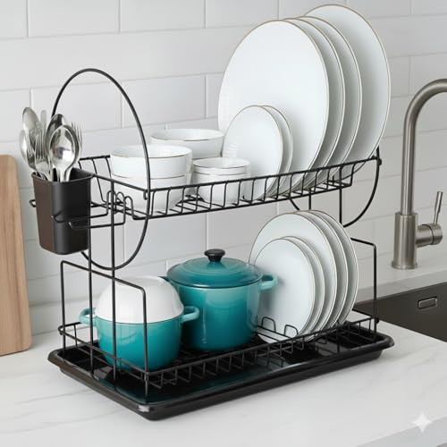 AEX 2 Tier Dish Drainer Rack | Rustproof Dish Drying Rack for Kitchen Countertop - Draining Board Rack with Drip Tray - Cutlery Drainer with Glass Holder & Chopping Board Rack