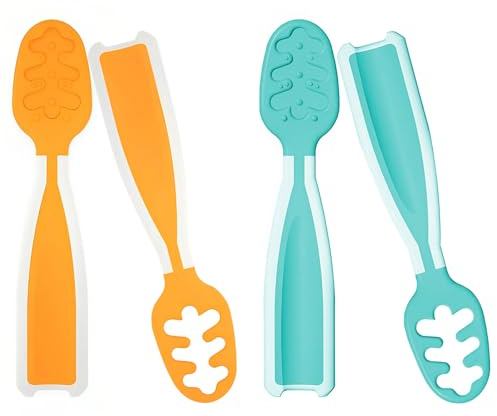 LAIVIYA Cuchara Bebe Aprendizaje, 4PCS Precucharas Bebe (Etapa 1 + Etapa 2), Precucharas Bebé, Cubiertos Aprendizaje Bebe, Cubiertos Bebe, Ideal Verde Naranja,