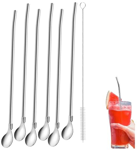 Yuannee Silberne Edelstahl Trinkhalmlöffel,6 PCS 2-in-1 Strohhalme Löffel Cocktail Löffel mit Strohhalm Reinigungsbürste Wiederverwendbare Löffelhalme Metalllöffel für als Latte Macchiato Cocktail